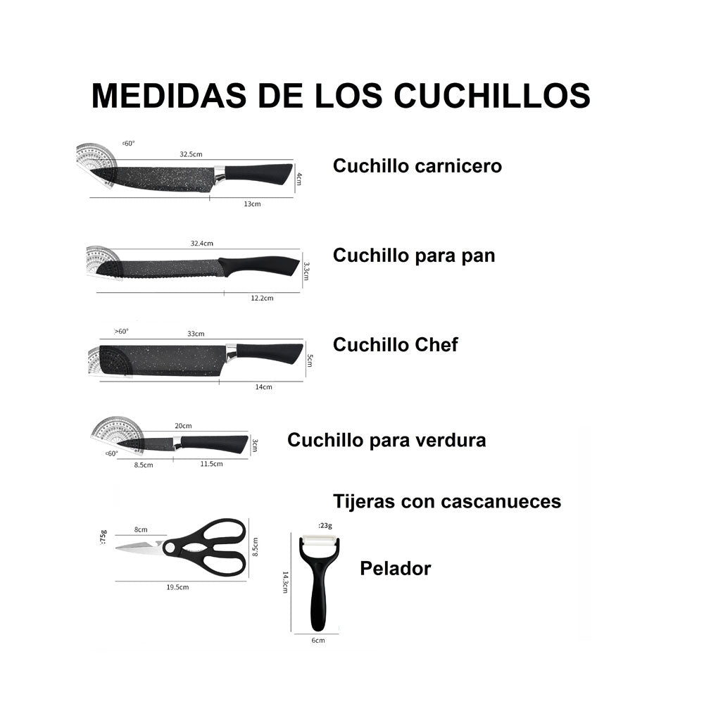 Juego De Cuchillos Profesional Acero Inoxidable Negros 6 Pzs