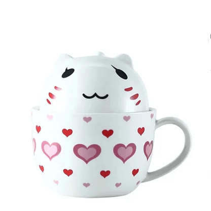 Taza Doble Y Cuchara Gato Gatito Lovely Corazones Kawaii Regalos