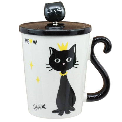 Taza De Cerámica De Café Té Con Cuchara Y Tapa Gatito Negro 300ml