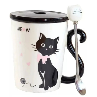 Taza De Cerámica De Café Té Con Cuchara Y Tapa Gatito Negro 300ml