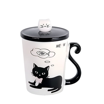 Taza De Cerámica De Café Té Con Cuchara Y Tapa Gatito Negro 300ml