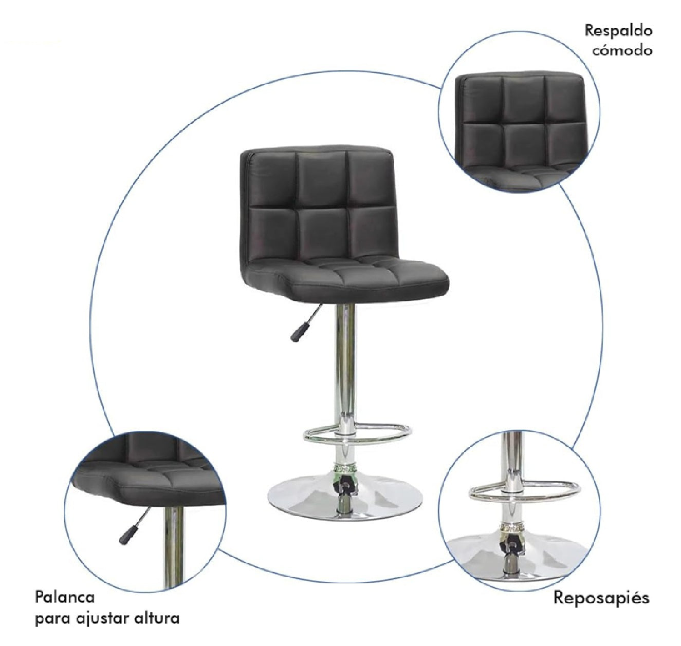 Set de 2 Bancos Altos para Cocina y Barra, Giratorios 360°, Altura Ajustable, con Respaldo Acolchado y Base Antideslizante