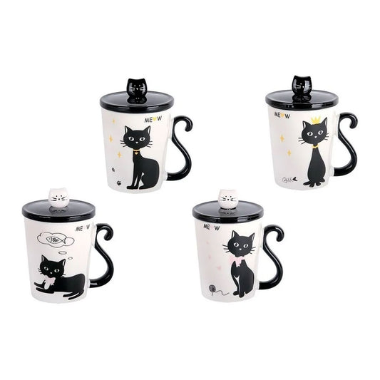 Taza De Cerámica De Café Té Con Cuchara Y Tapa Gatito Negro 300ml