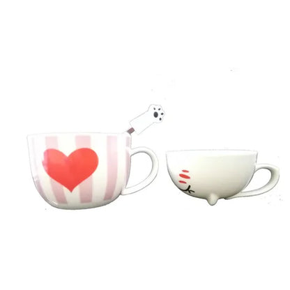 Taza Doble Y Cuchara Gato Gatito Lovely Corazones Kawaii Regalos