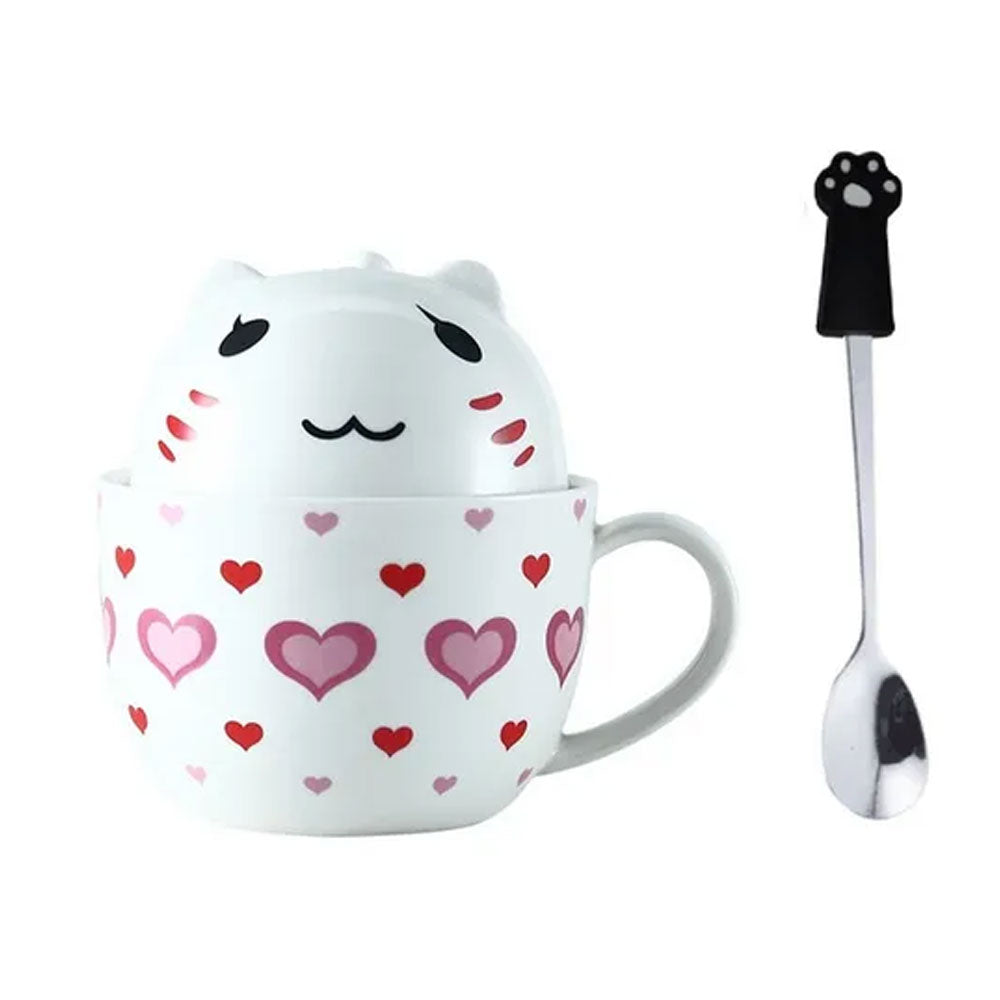 Taza Doble Y Cuchara Gato Gatito Lovely Corazones Kawaii Regalos