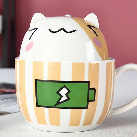 Taza Doble Y Cuchara Gato Gatito Batería Recargada Amarilla  Kawaii Regalos