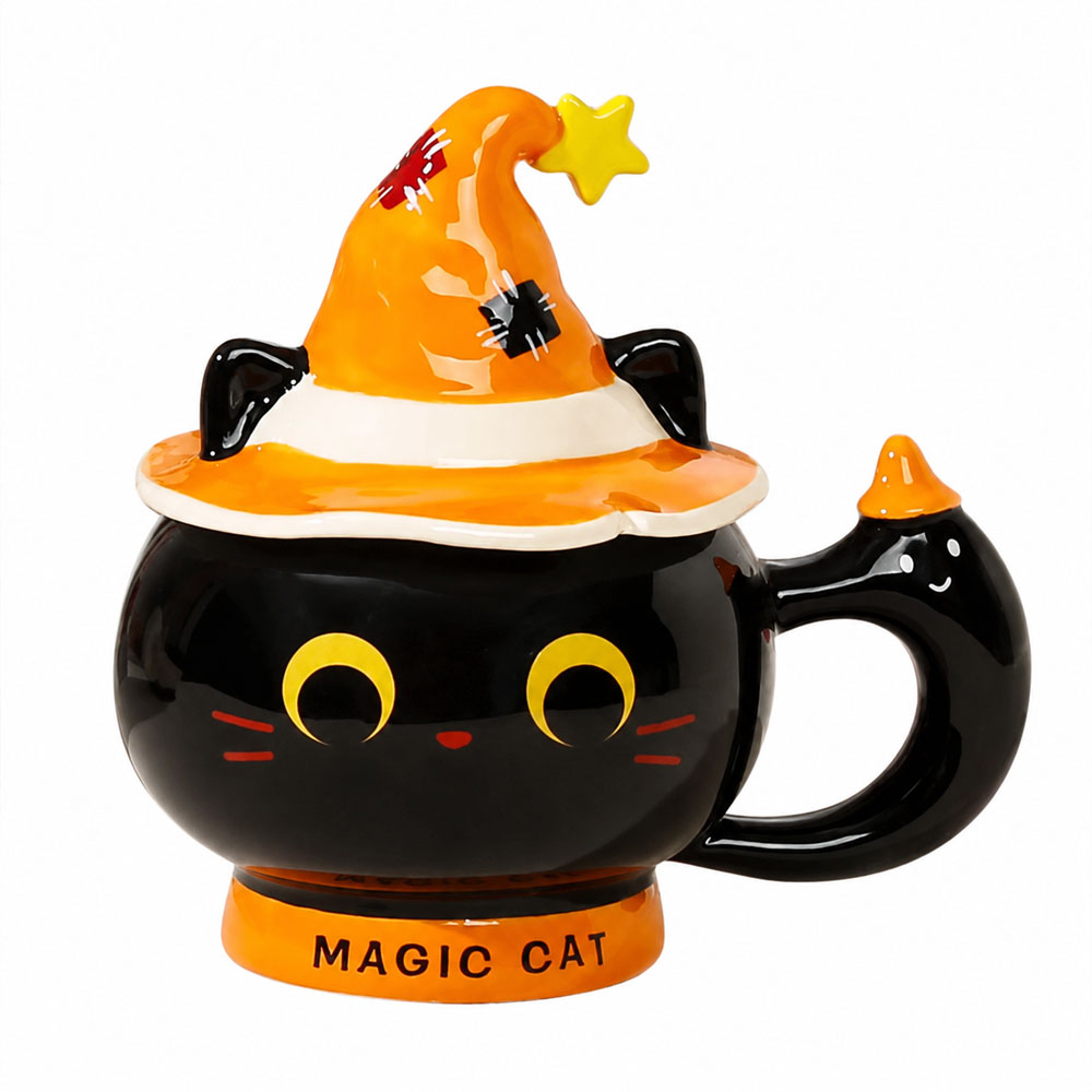 Taza de Gato Negro Halloween 3D 380 ml con Sombrero y Cuchara | Taza de Cerámica Original para Café, Té y Regalo
