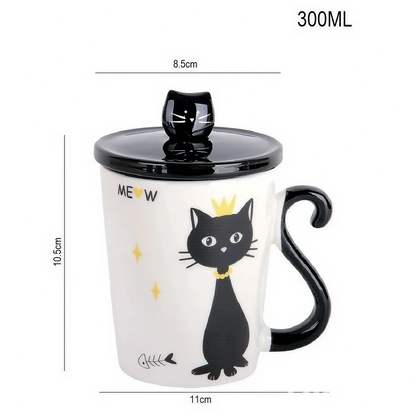 Taza De Cerámica De Café Té Con Cuchara Y Tapa Gatito Negro 300ml