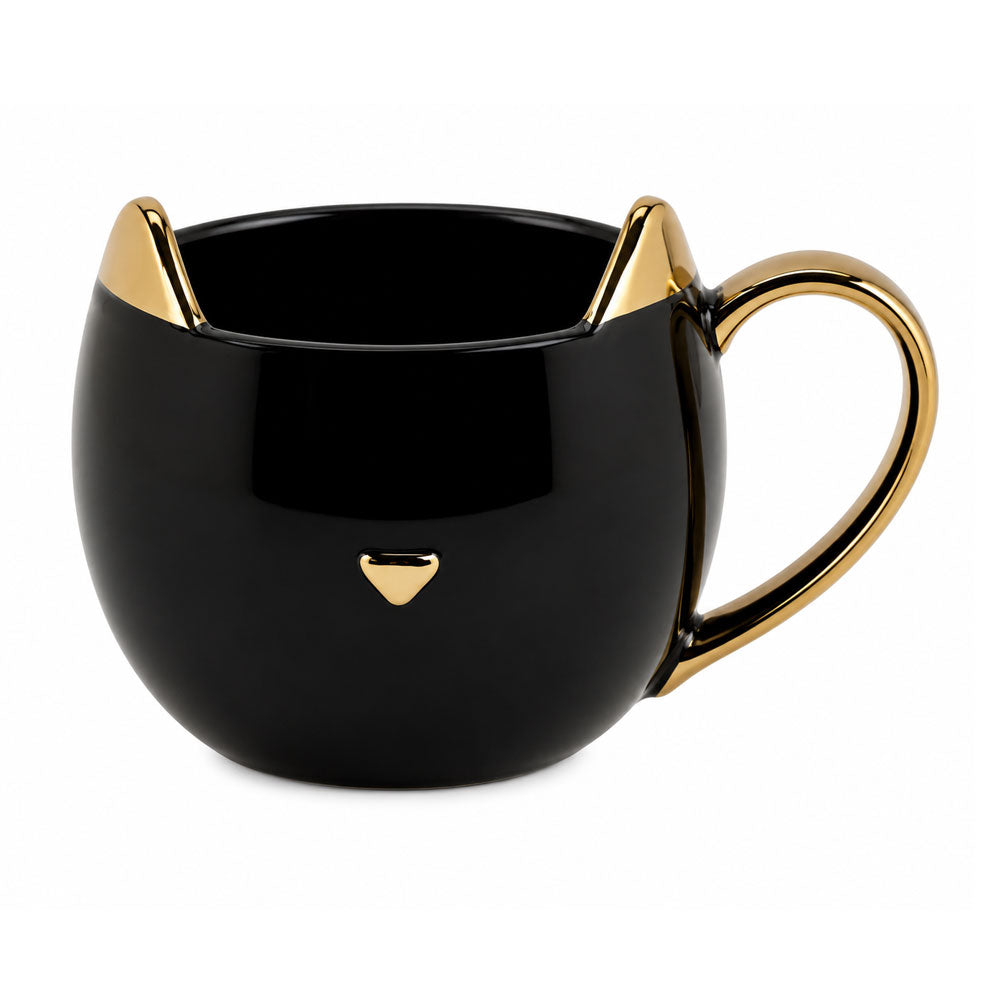 Taza de Gato de Cerámica Negra con Asa Dorada | Taza de Café Original para Café, Té y Capuccino | Regalo Elegante para Mujer  | Ideal para Cumpleaños, Día de la Madre, Tazas kawaii y Navidad