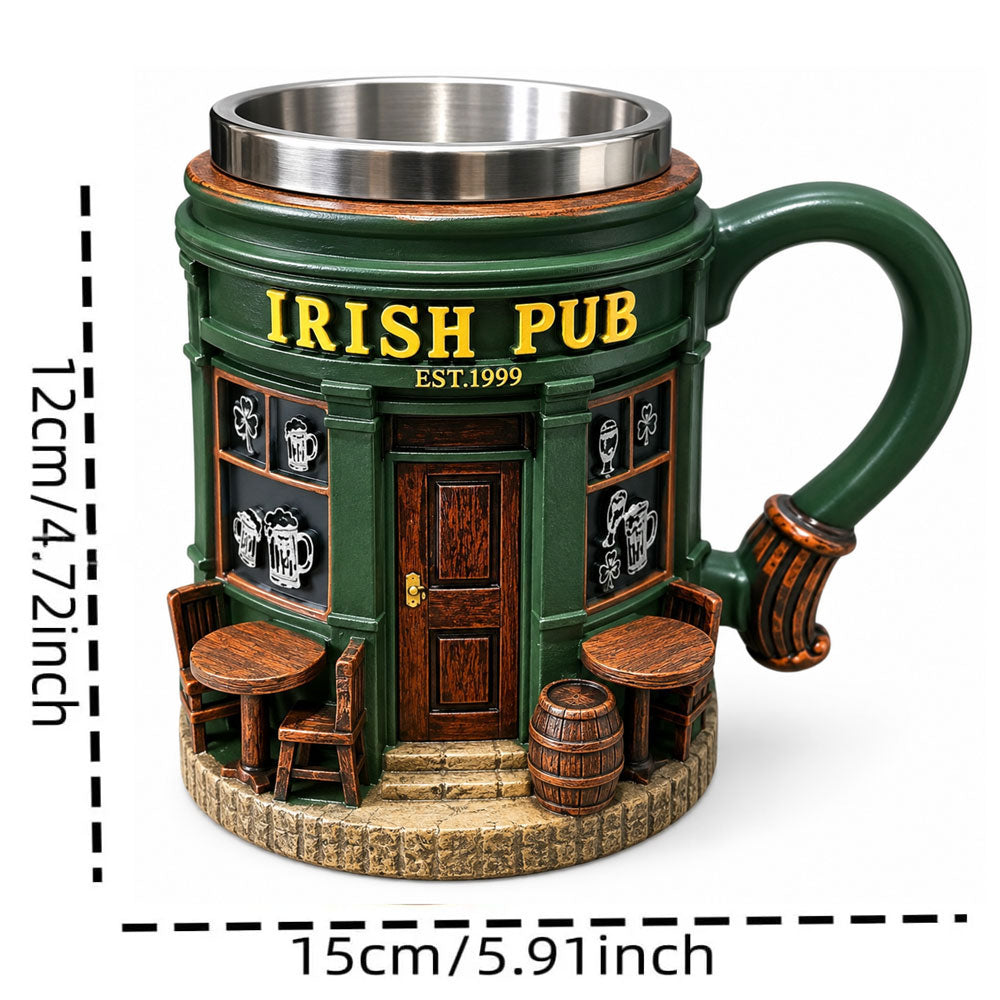 Taza de Café Irish Pub con Interior de Acero Inoxidable | Taza 3D Tipo Taberna Irlandesa | Regalo para Hombre, Papá y Amantes de la Cerveza