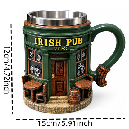 Taza de Café Irish Pub con Interior de Acero Inoxidable | Taza 3D Tipo Taberna Irlandesa | Regalo para Hombre, Papá y Amantes de la Cerveza