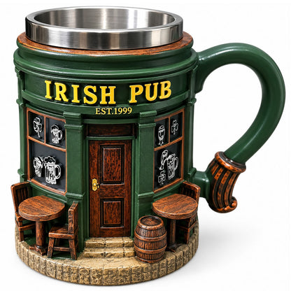 Taza de Café Irish Pub con Interior de Acero Inoxidable | Taza 3D Tipo Taberna Irlandesa | Regalo para Hombre, Papá y Amantes de la Cerveza