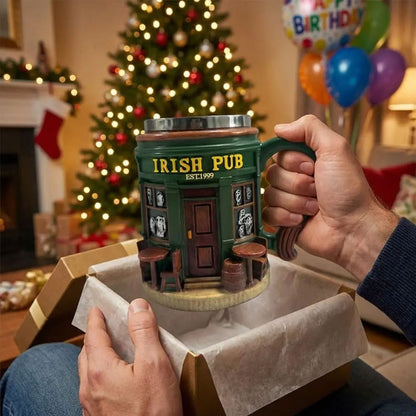 Taza de Café Irish Pub con Interior de Acero Inoxidable | Taza 3D Tipo Taberna Irlandesa | Regalo para Hombre, Papá y Amantes de la Cerveza