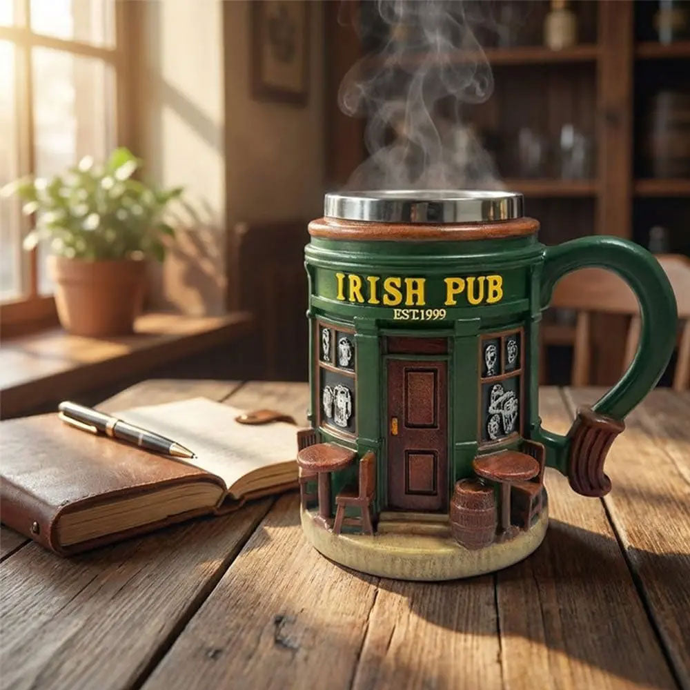 Taza de Café Irish Pub con Interior de Acero Inoxidable | Taza 3D Tipo Taberna Irlandesa | Regalo para Hombre, Papá y Amantes de la Cerveza
