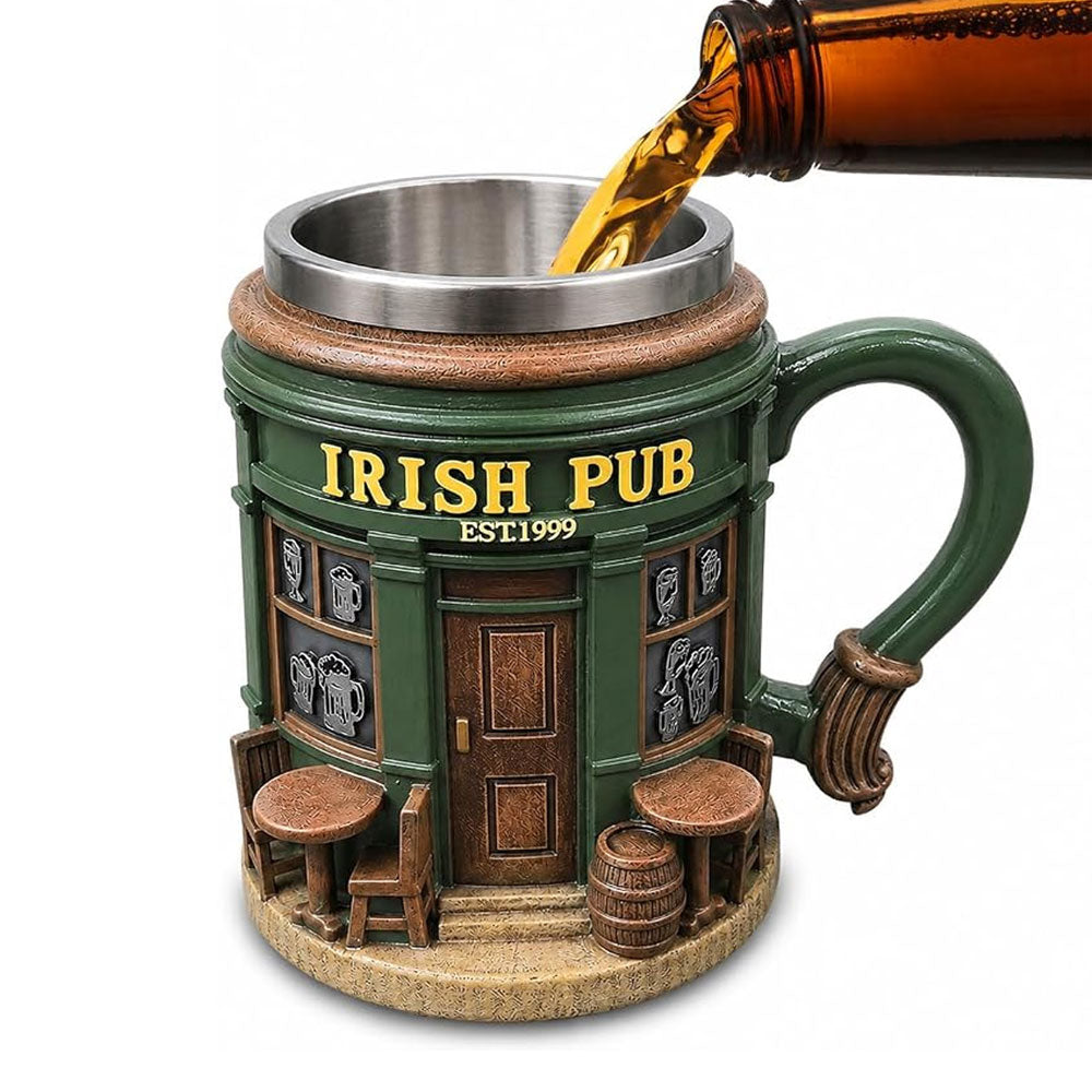 Taza de Café Irish Pub con Interior de Acero Inoxidable | Taza 3D Tipo Taberna Irlandesa | Regalo para Hombre, Papá y Amantes de la Cerveza