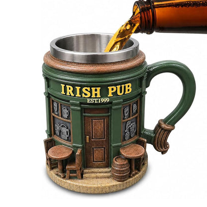 Taza de Café Irish Pub con Interior de Acero Inoxidable | Taza 3D Tipo Taberna Irlandesa | Regalo para Hombre, Papá y Amantes de la Cerveza