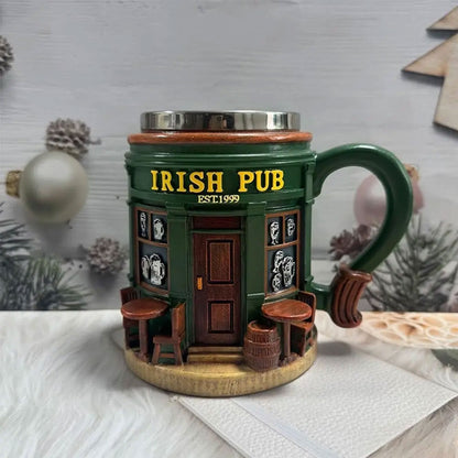 Taza de Café Irish Pub con Interior de Acero Inoxidable | Taza 3D Tipo Taberna Irlandesa | Regalo para Hombre, Papá y Amantes de la Cerveza