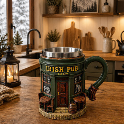 Taza de Café Irish Pub con Interior de Acero Inoxidable | Taza 3D Tipo Taberna Irlandesa | Regalo para Hombre, Papá y Amantes de la Cerveza