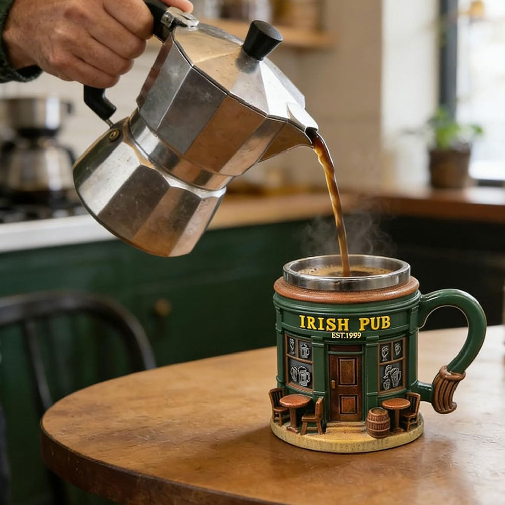 Taza de Café Irish Pub con Interior de Acero Inoxidable | Taza 3D Tipo Taberna Irlandesa | Regalo para Hombre, Papá y Amantes de la Cerveza