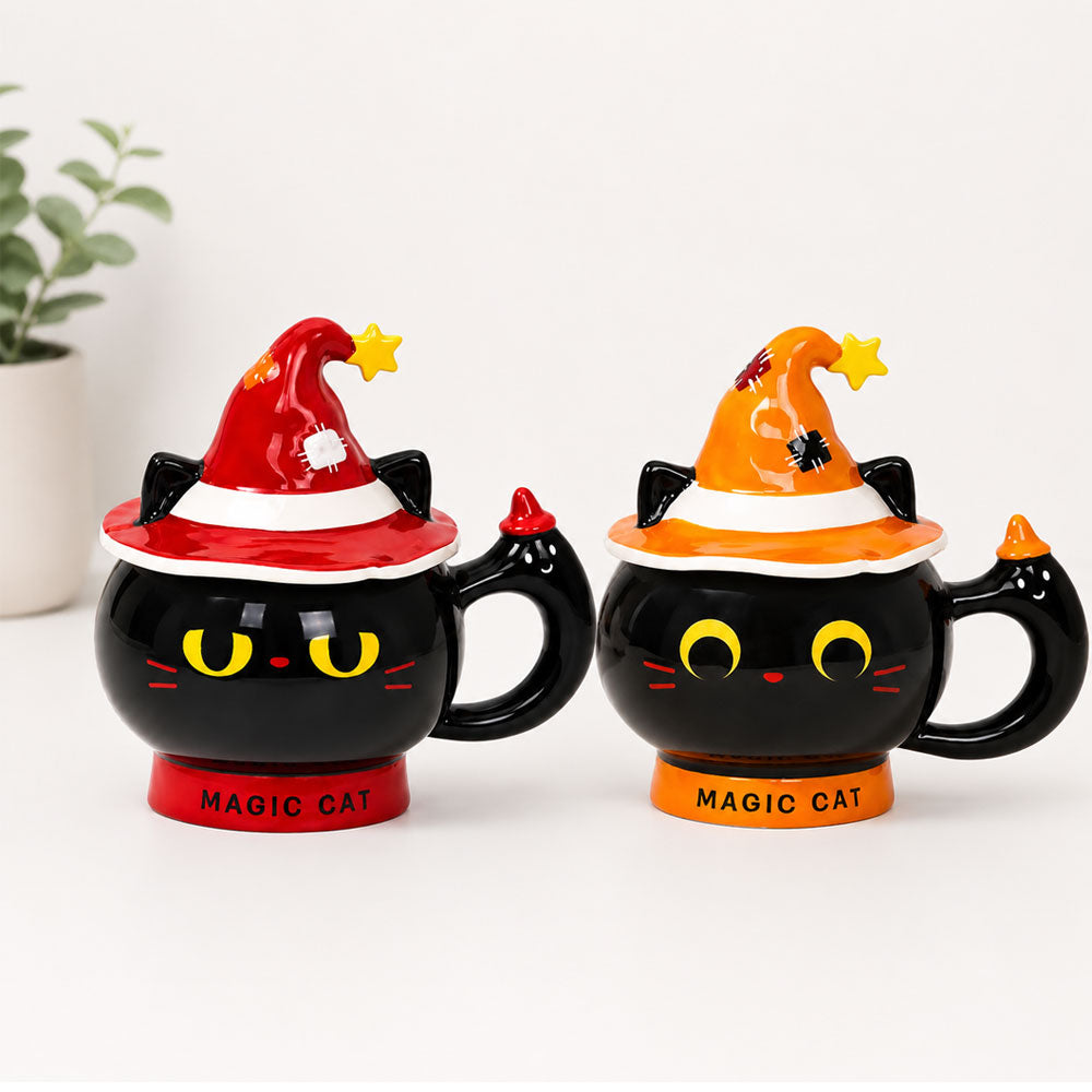 Taza de Gato Negro Halloween 3D 380 ml con Sombrero y Cuchara | Taza de Cerámica Original para Café, Té y Regalo