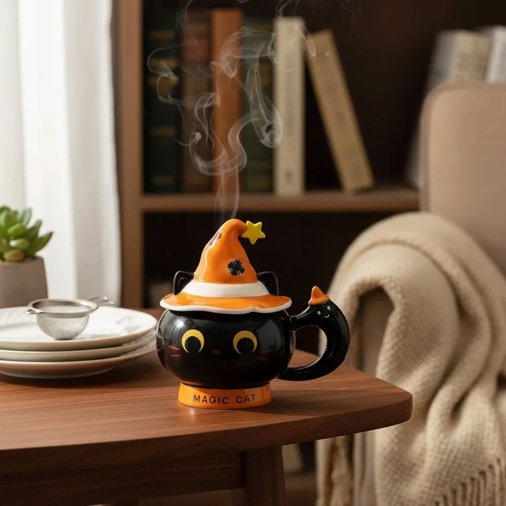 Taza de Gato Negro Halloween 3D 380 ml con Sombrero y Cuchara | Taza de Cerámica Original para Café, Té y Regalo
