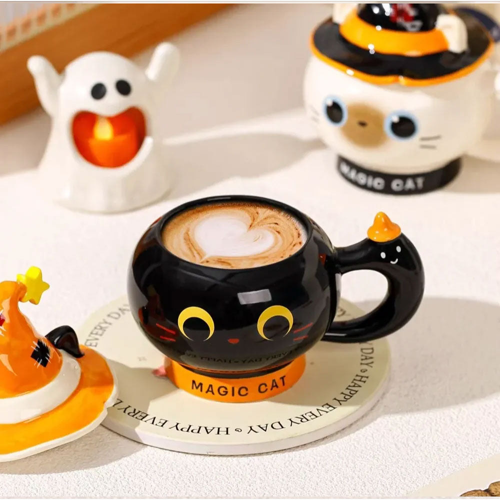 Taza de Gato Negro Halloween 3D 380 ml con Sombrero y Cuchara | Taza de Cerámica Original para Café, Té y Regalo