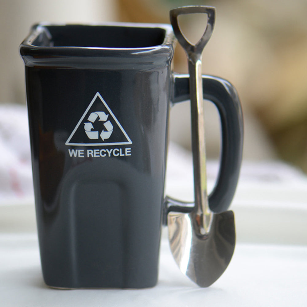 Taza de Céramica Bote Cubo Para Basura Reciclable Creativa con Cuchara en Forma de Pala