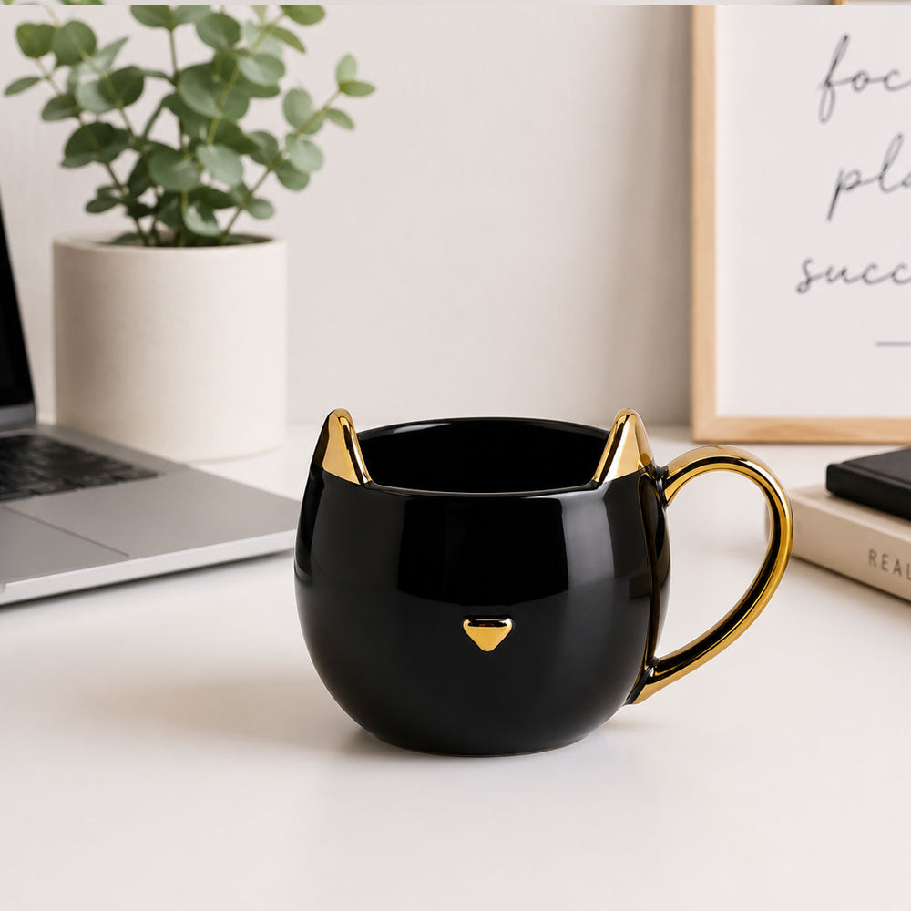 Taza de Gato de Cerámica Negra con Asa Dorada | Taza de Café Original para Café, Té y Capuccino | Regalo Elegante para Mujer  | Ideal para Cumpleaños, Día de la Madre, Tazas kawaii y Navidad