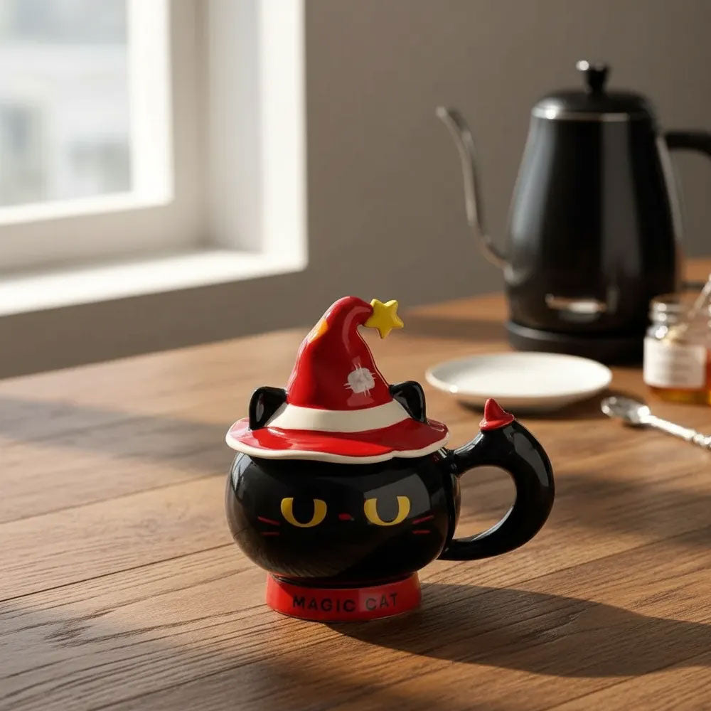 Taza de Gato Negro Halloween 3D 380 ml con Sombrero y Cuchara | Taza de Cerámica Original para Café, Té y Regalo