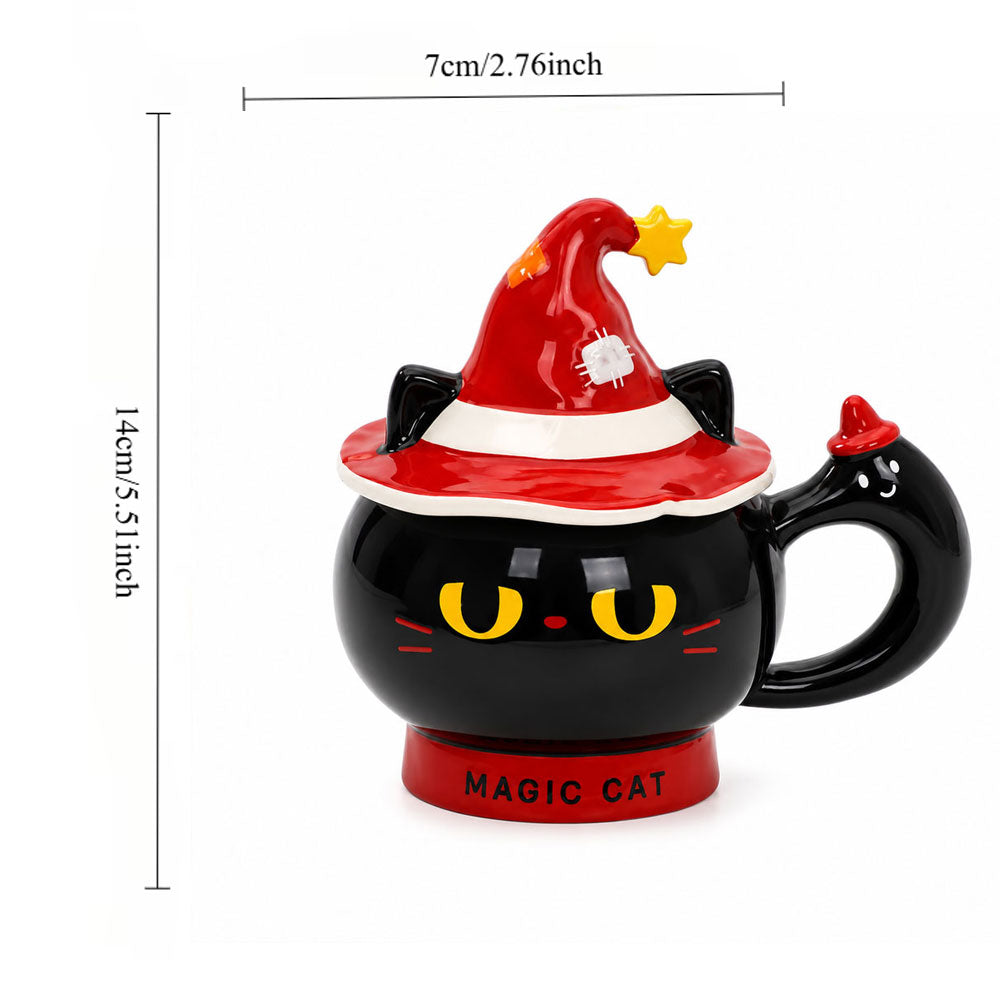 Taza de Gato Negro Halloween 3D 380 ml con Sombrero y Cuchara | Taza de Cerámica Original para Café, Té y Regalo