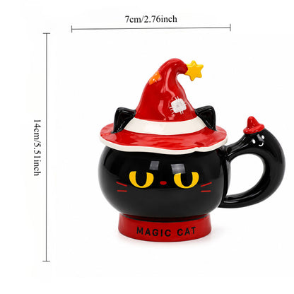 Taza de Gato Negro Halloween 3D 380 ml con Sombrero y Cuchara | Taza de Cerámica Original para Café, Té y Regalo