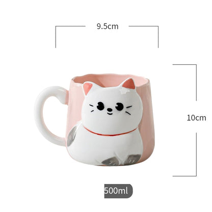 Taza de Cerámica Gatito con Relieve Kawaii 500ml  Diseño Cute y Original