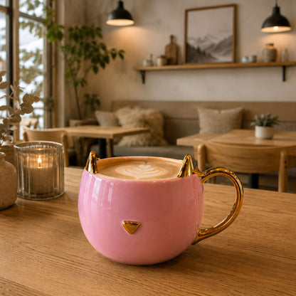 Taza de Gato de Cerámica Negra con Asa Dorada | Taza de Café Original para Café, Té y Capuccino | Regalo Elegante para Mujer  | Ideal para Cumpleaños, Día de la Madre, Tazas kawaii y Navidad