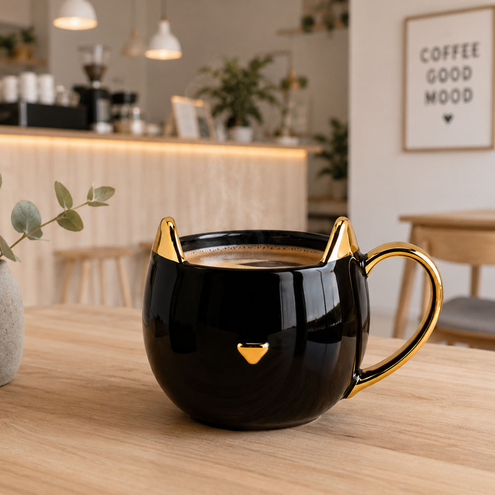 Taza de Gato de Cerámica Negra con Asa Dorada | Taza de Café Original para Café, Té y Capuccino | Regalo Elegante para Mujer  | Ideal para Cumpleaños, Día de la Madre, Tazas kawaii y Navidad
